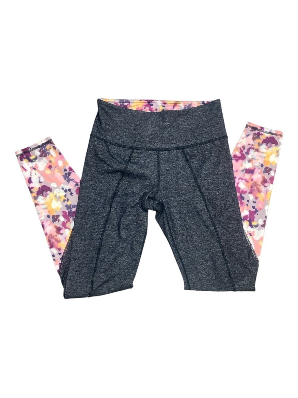 Athleta Dark Gray Leggings with Pink & Purple Floral Side Panels very soft